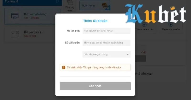 Điền thông tin tại biểu mẫu rút tiền Kubet