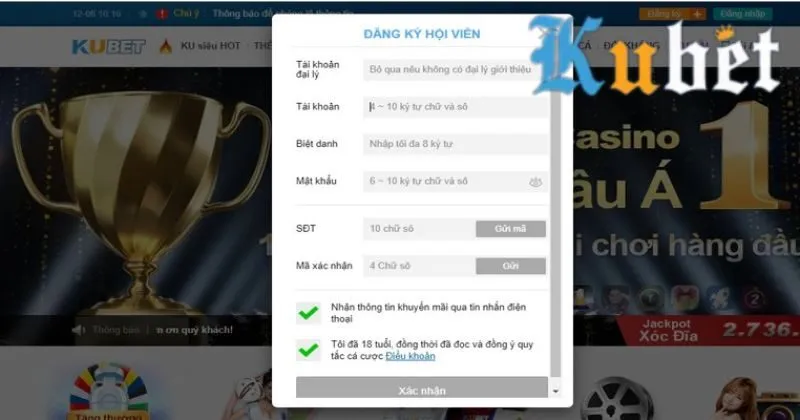 Giao diện đăng ký tham gia tài xỉu Kubet
